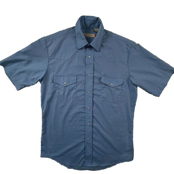 Roper Mens Medium Short Sleeve Pearl Snap Blue Shirt - Picture 1 of 9